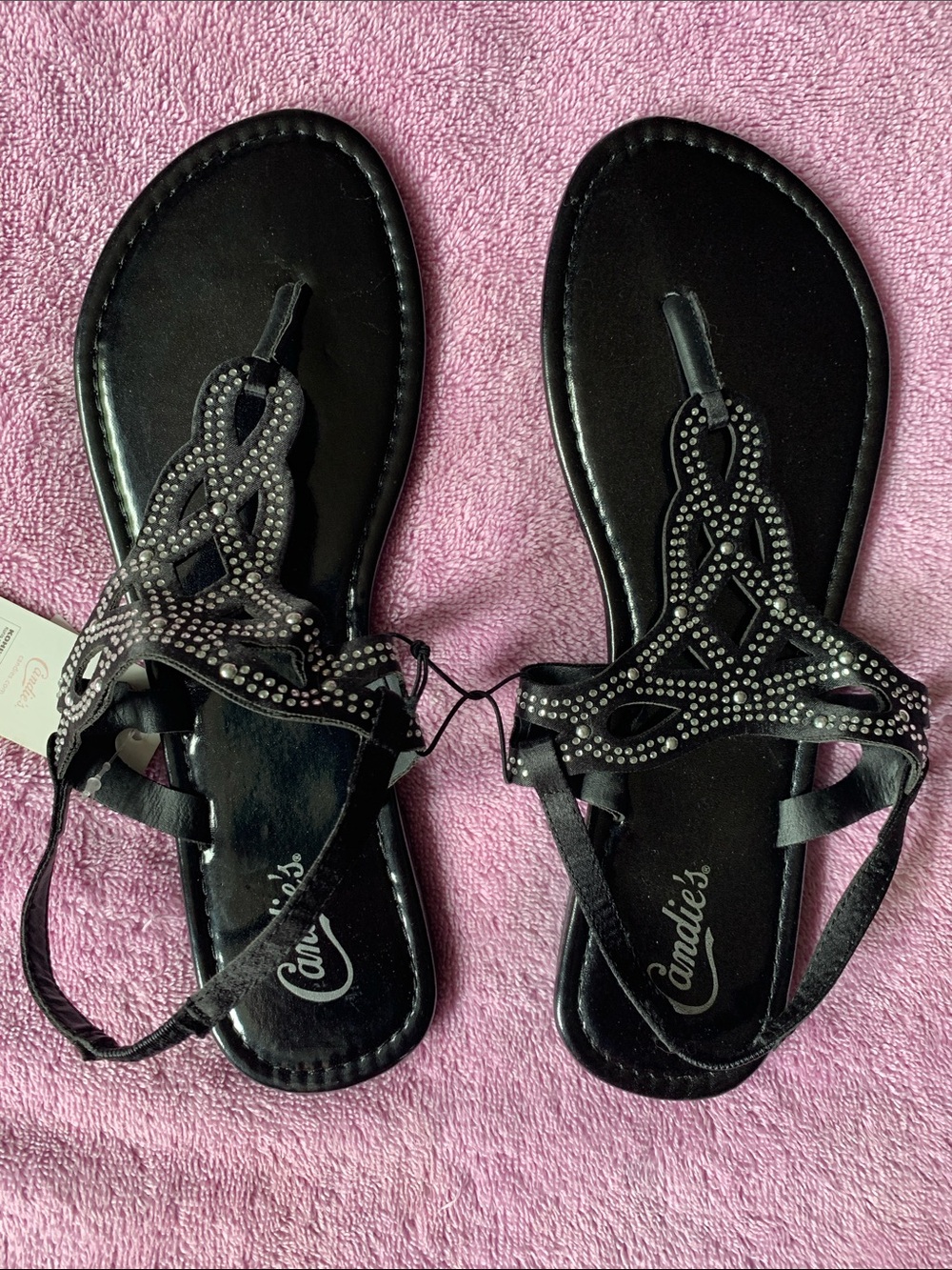 NWT Candie's Black Rhinestone T-Strap Sandals 9/10 L - Picture 1 of 4